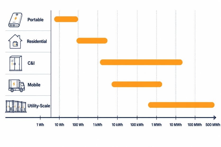 Chart showing typical capacity range for each type of BESS, from portable to utility-scale