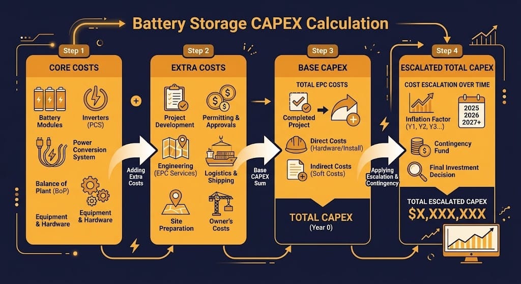 SunLith Energy BESS CAPEX calculation worked example step by step diagram