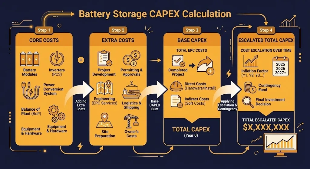 BESS CAPEX calculation worked example step by step diagram