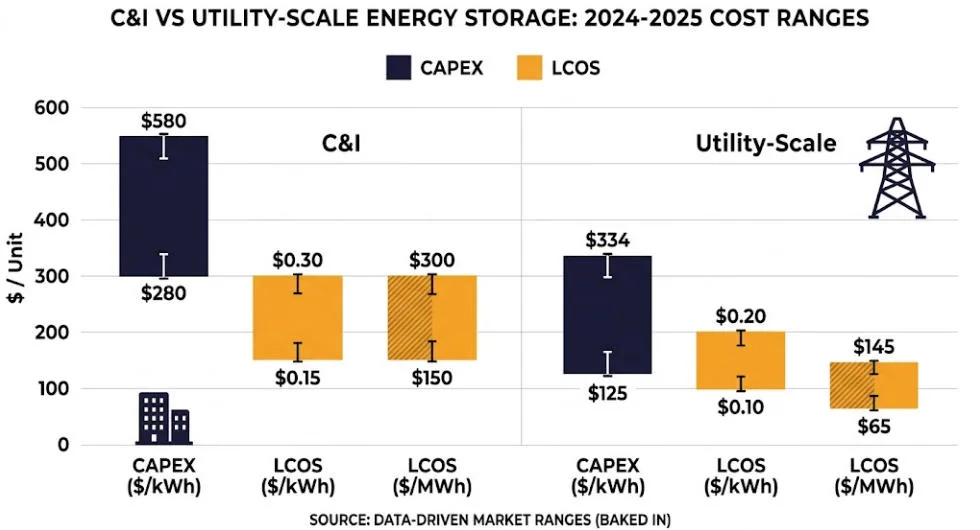 SunLith Energy Bar chart comparing C&I and utility-scale BESS CAPEX and LCOS cost ranges