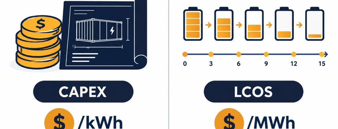 BESS CAPEX vs LCOS comparison - SunLith Energy SunLith Energy BESS CAPEX vs LCOS comparison diagram showing upfront cost versus lifetime cost per kWh