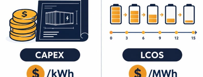 BESS CAPEX vs LCOS comparison diagram showing upfront cost versus lifetime cost per kWh