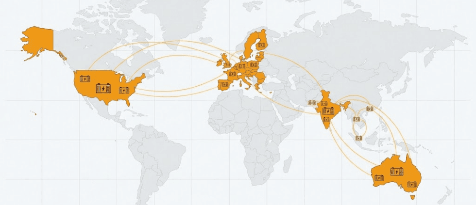 BESS Grid Codes and Compliance by Country - SunLith Energy SunLith Energy World map highlighting BESS grid codes by country including US, EU, UK, Australia, and India
