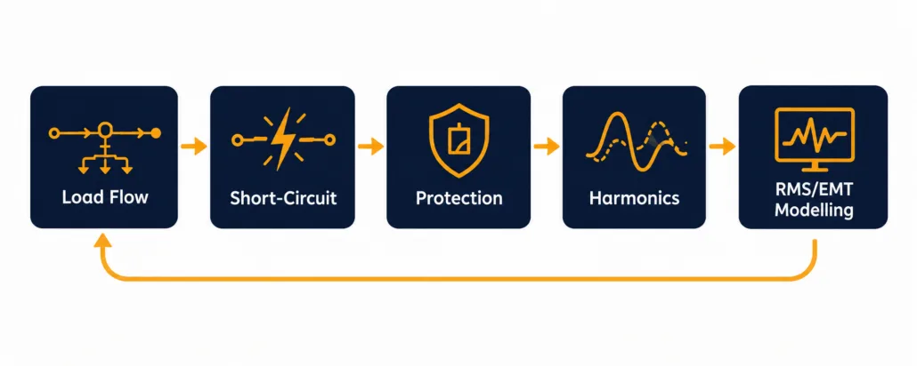 BESS grid connection studies typical phases load flow short circuit protection harmonics RMS EMT