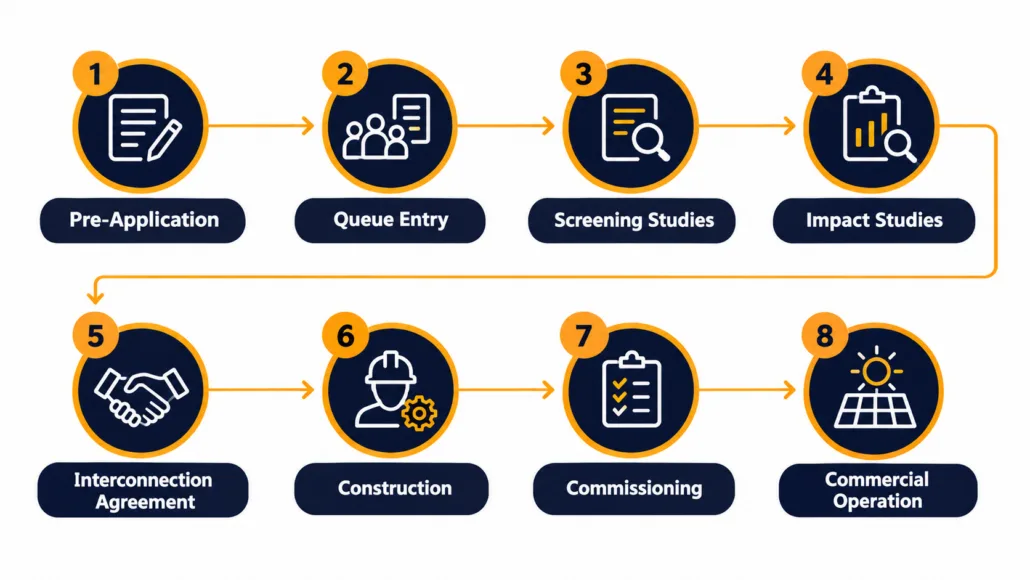 SunLith Energy Eight-step flow diagram of the BESS interconnection process from pre-application to commercial operation