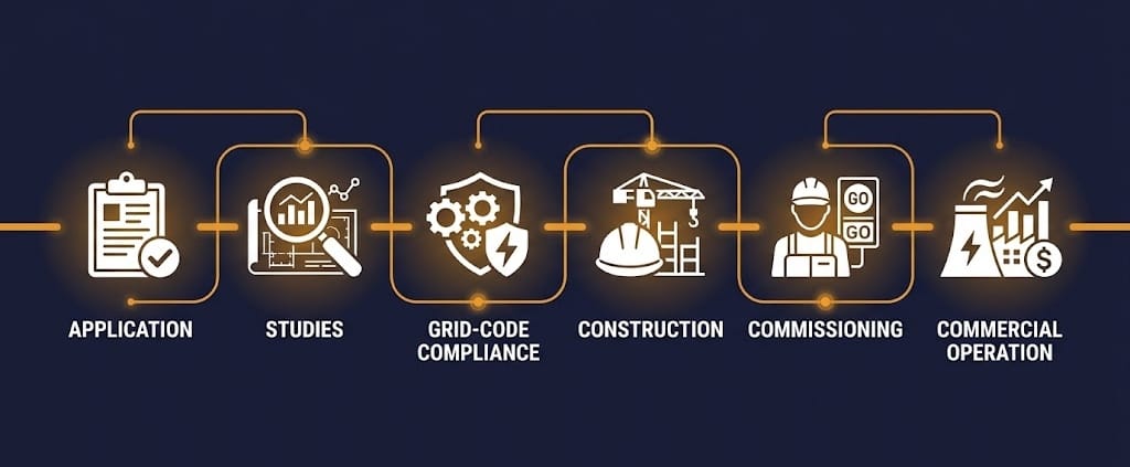 BESS Interconnection Process: Application to Commercial Operation - SunLith Energy SunLith Energy Diagram showing the BESS interconnection process from application to commercial operation
