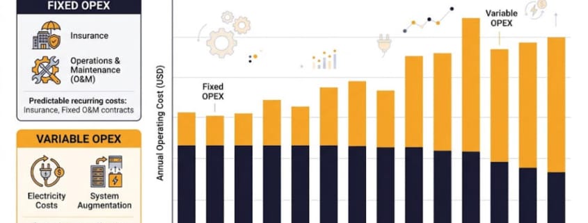 BESS OPEX cost structure diagram showing fixed and variable operating costs over project life