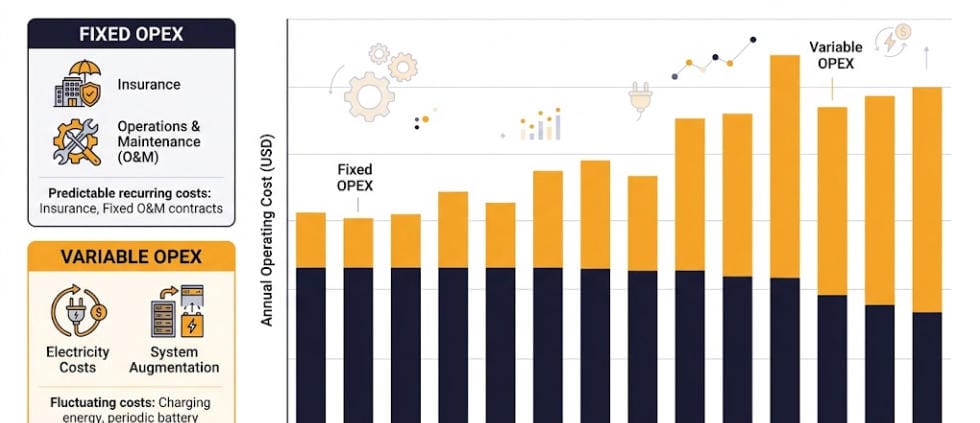 BESS OPEX and Operating Cost Model – SunLith Energy - SunLith Energy SunLith Energy BESS OPEX cost structure diagram showing fixed and variable operating costs over project life
