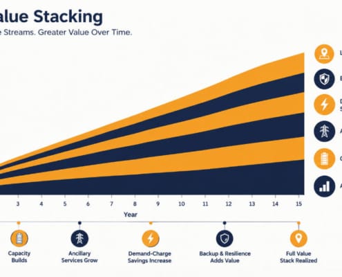 BESS Revenue Streams and Value Stacking – SunLith Energy - SunLith Energy SunLith Energy BESS revenue streams and value stacking diagram showing multiple income layers over project life