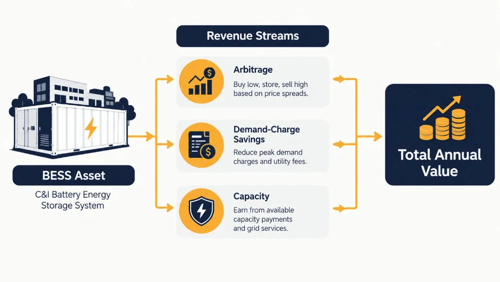 Worked example diagram of BESS revenue streams and value stacking model