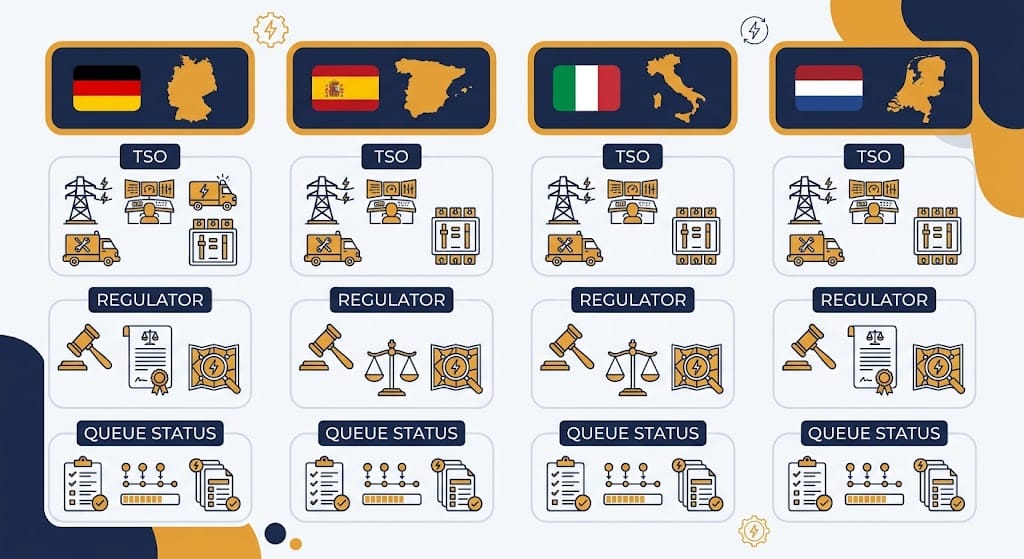 Comparison of Germany, Spain, Italy, and Netherlands BESS grid connection processes
