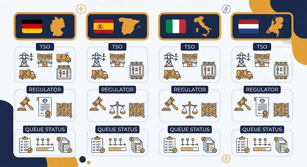 SunLith Energy Comparison of Germany, Spain, Italy, and Netherlands BESS grid connection processes