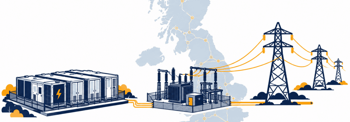 UK BESS Grid Connection Overview - SunLith Energy SunLith Energy UK BESS grid connection map showing NESO, DNO and transmission network layers