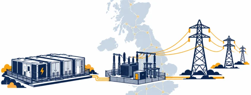 UK BESS grid connection map showing NESO, DNO and transmission network layers