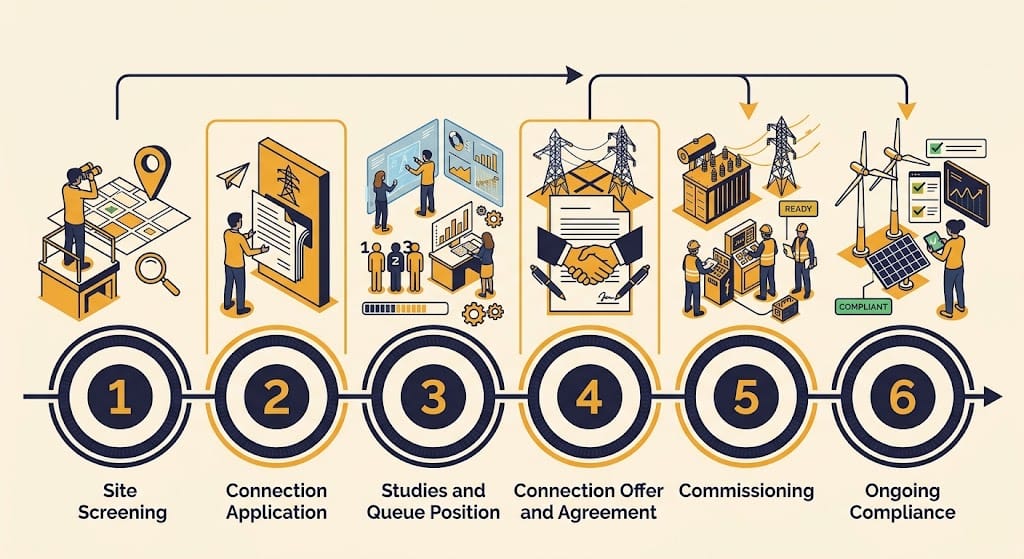 Six-stage flow diagram of the UK BESS grid connection process from screening to compliance