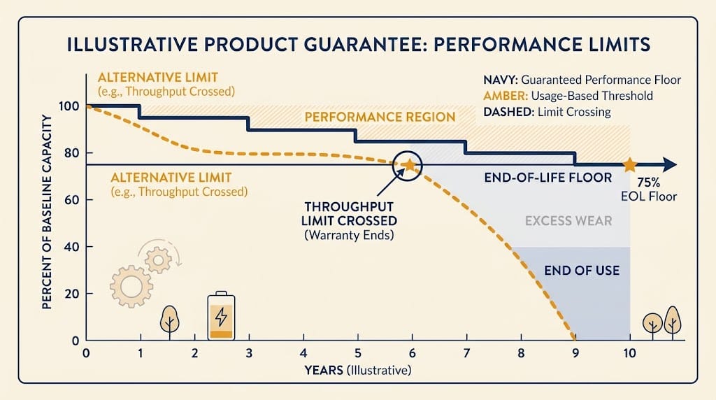 C&I BESS warranty capacity retention curve - SunLith Energy SunLith Energy Line chart concept showing guaranteed C&I BESS warranty capacity retention declining to an end-of-life floor over ten years