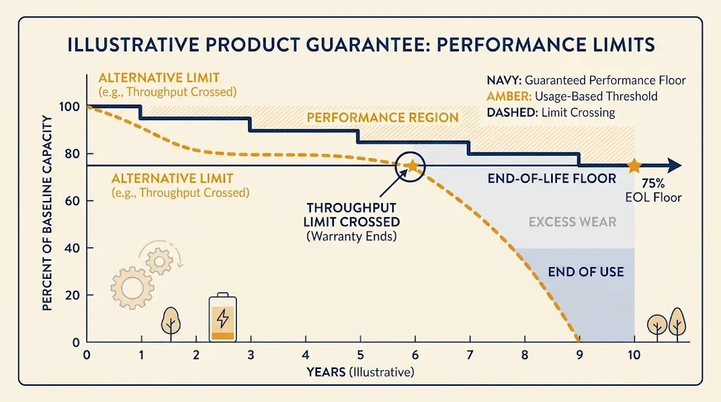  Line chart concept showing guaranteed C&I BESS warranty capacity retention declining to an end-of-life floor over ten years