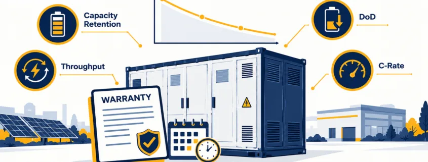 Diagram of a C&I BESS warranty envelope showing capacity retention, throughput, DoD, C-rate, and temperature limits