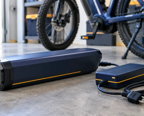 SunLith Energy E-bike battery fires prevention: certified e-bike battery pack and charger on a hard surface