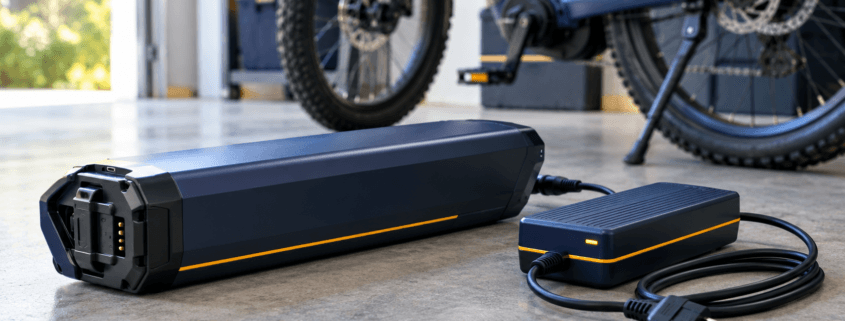 E-bike battery fires prevention: certified e-bike battery pack and charger on a hard surface