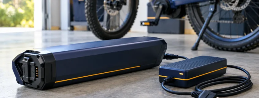 E-Bike Battery Fires Prevention Guide - SunLith Energy SunLith Energy E-bike battery fires prevention: certified e-bike battery pack and charger on a hard surface
