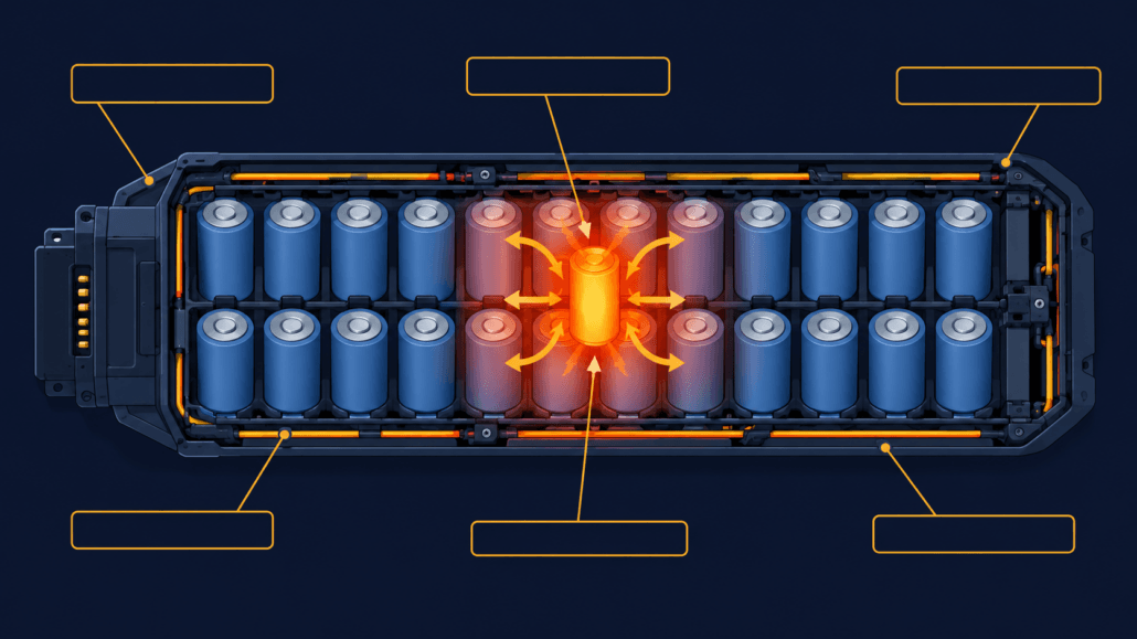 Diagram showing how e-bike battery fires spread from one failed cell to the whole battery pack