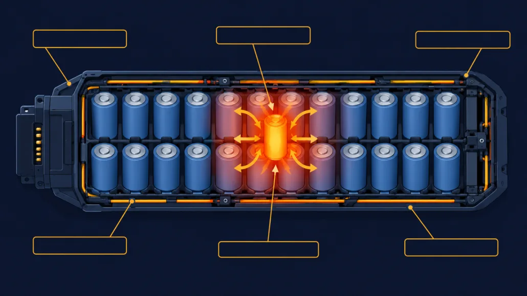 E-Bike Battery Fires Spread Between Cells - SunLith Energy SunLith Energy Diagram showing how e-bike battery fires spread from one failed cell to the whole battery pack