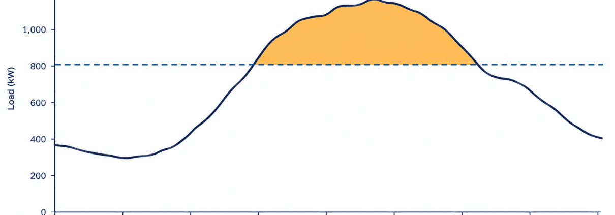 Peak Shaving Battery Sizing Chart - SunLith Energy SunLith Energy Peak shaving battery sizing chart showing site load against a grid-demand target