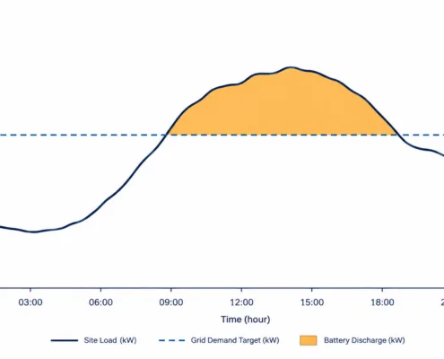 SunLith Energy Peak shaving battery sizing chart showing site load against a grid-demand target