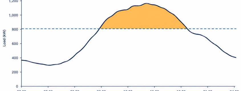 Peak shaving battery sizing chart showing site load against a grid-demand target