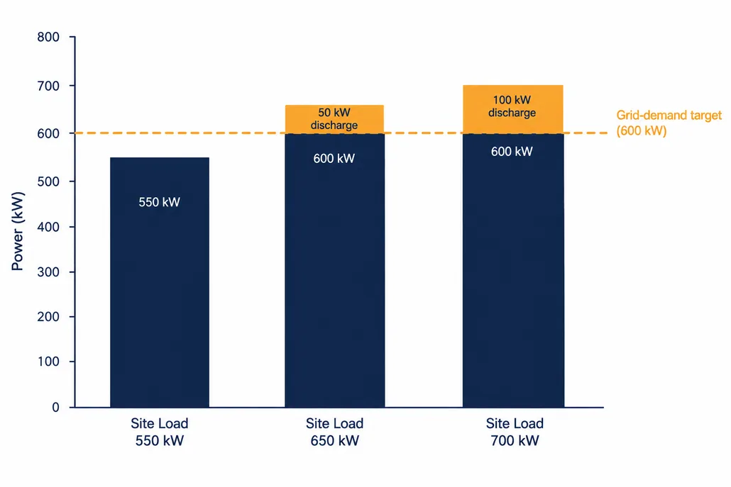 Calculating Peak Shaving Discharge Power - SunLith Energy SunLith Energy Diagram of battery discharge power calculation for peak shaving