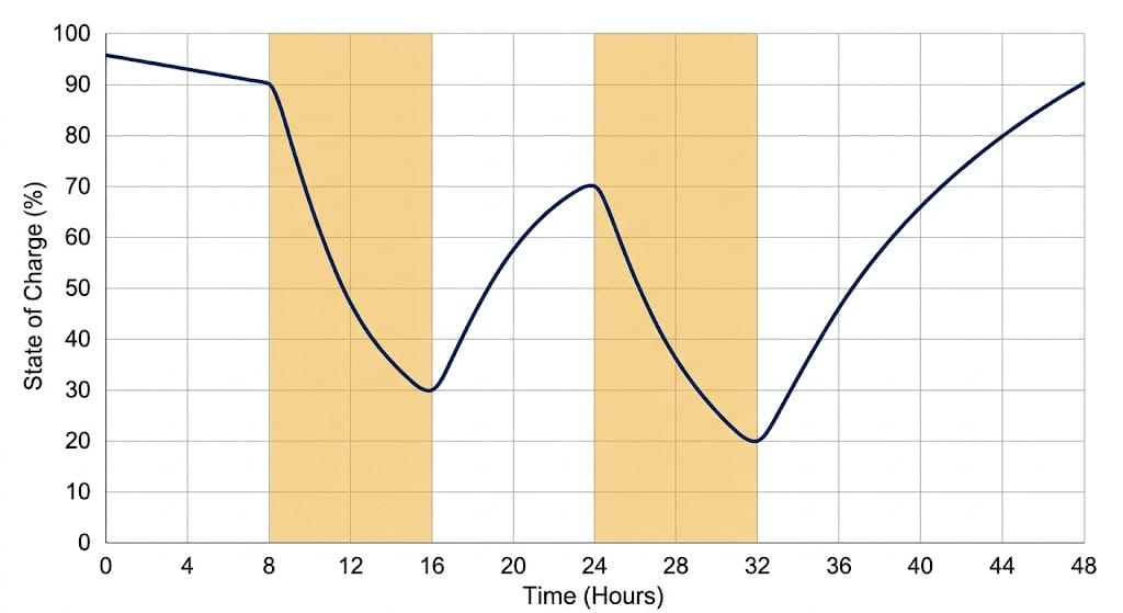 Battery state of charge simulation across repeated peak shaving events