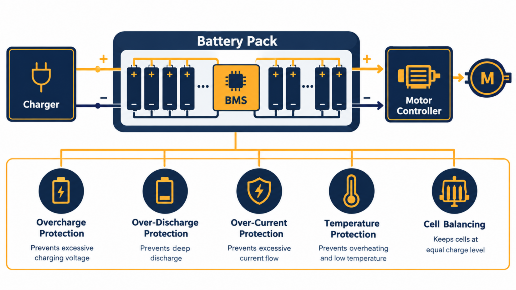 Diagram of the protections a replacement e-bike battery BMS must provide between the cells, charger, and controller