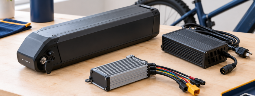 Illustrative replacement e-bike battery and charger setup on a workbench