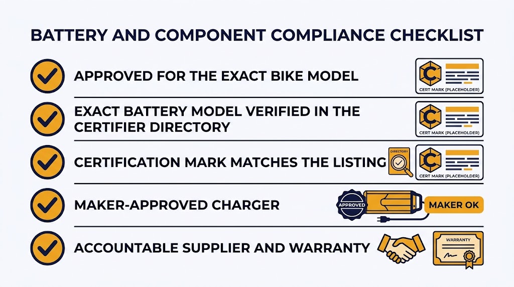 Checklist graphic for verifying approval and UL 2271 certification of a replacement e-bike battery before buying
